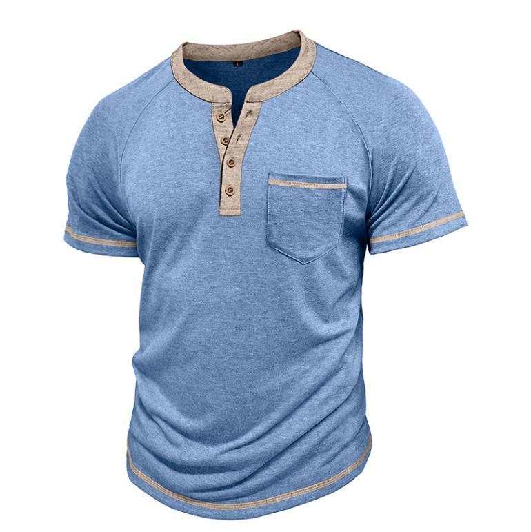 Summer Men's Short-sleeved Henry Shirt Buttons Retro T-shirt Color Matching T-shirts Polos Clothes Male Pullovers Tops Tees White Grey XXXL