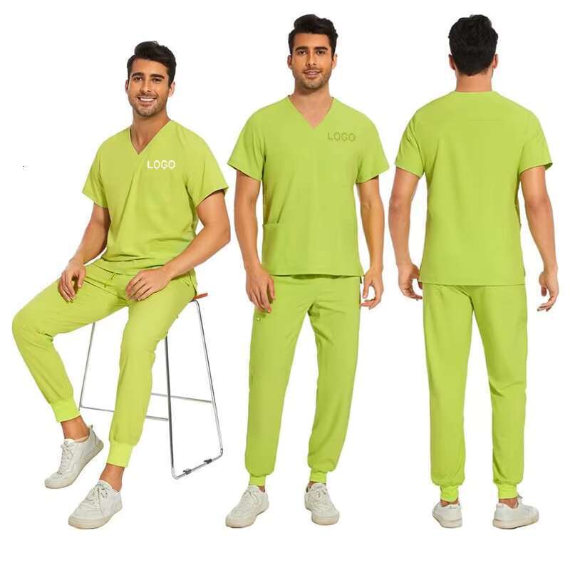 Anti-Wrinkle Stretch Men Nursing Medical Scrubs Uniform Set V-Neck Scrub Top and Yoga Waistband Jogger Pant With 8 Pockets