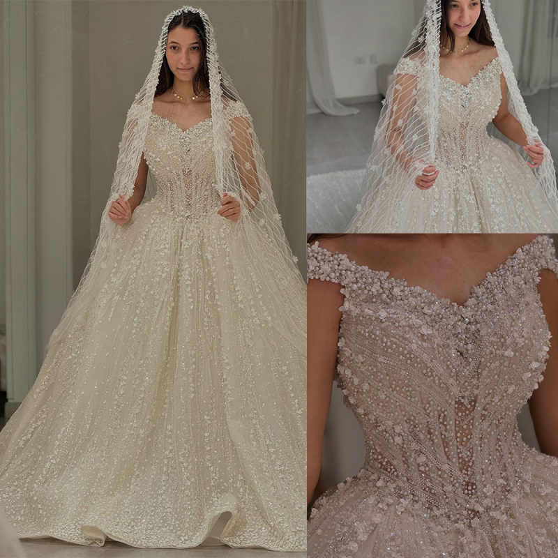 Exquisite A e Women Wedding Off Shoulder Sleeveless Bridal Gowns Sequins Pearls Appliques Sweep Train Dress Custom Made