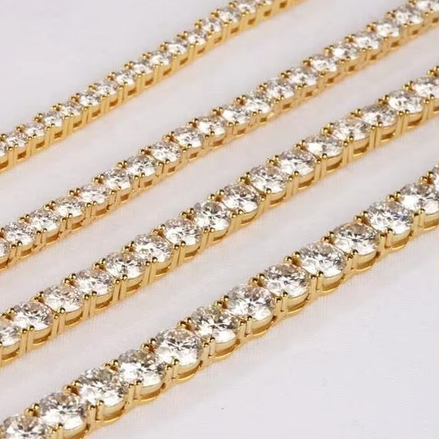 Bling Sparking Gold Plated Tennis Chain Charm Necklace Jewelry Sexy Iced Out VVS Moissanite Diamond 925 Silver Tennis Chain