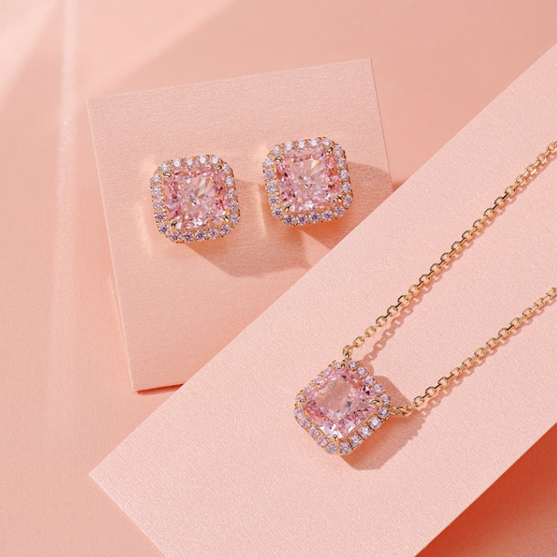 Sparkling Luxury Wedding Jewelry Sets 925 Sterling Silver Rose Gold Fill Princess Cut Pink 5A Cubic Zircon CZ Diamond Stud Earrings Open Ring Clavicle