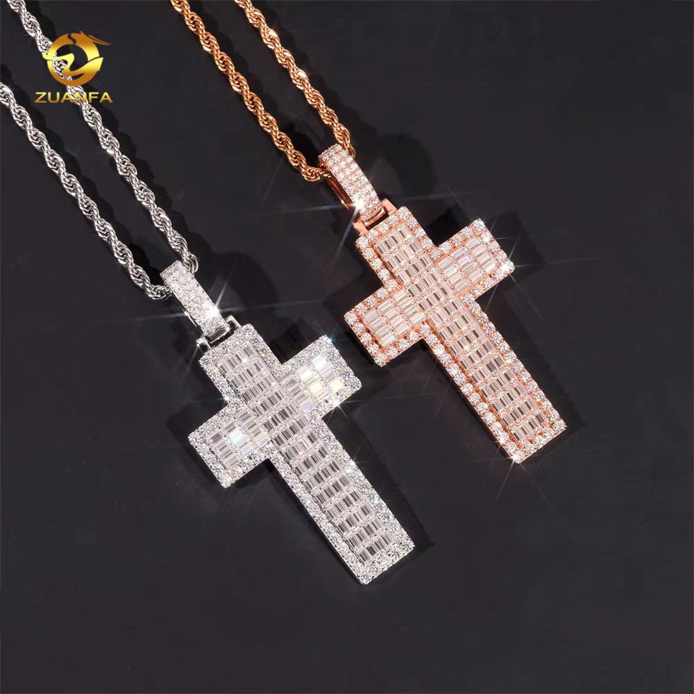 Ready Shipping Hip Hop Jewelry Cross Vvs Moissanite Pendant Silver 925 Iced Out Moissanite Baguette Cross Pendant With Chain