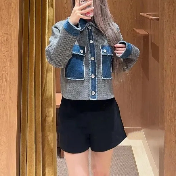 Denim Coat for Women 2024 Autumn Winter Spliced Turn Down Collar Single Breasted Casual Long Sleeve Jacket 250226