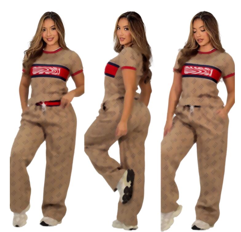 Two Piece Set Women's double-sided jacquard Tracksuits Spring Summer Casual Short-Sleeved Wide-Leg Pants Matching Sets Knitted Suit Pant Sets