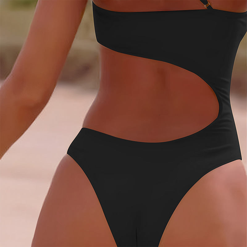 New Womens Solid Color Single Shoulder Fashion Hollow One-piece Swimsuit