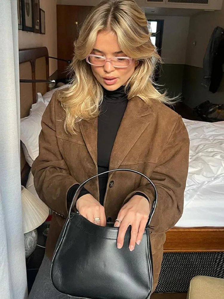 Boyfriend Brown Coat For Women Spring Turndown Collar Long Sleeve Female Jacket 2025 Fashion Loose Singlebreasted Lady Coats 250226