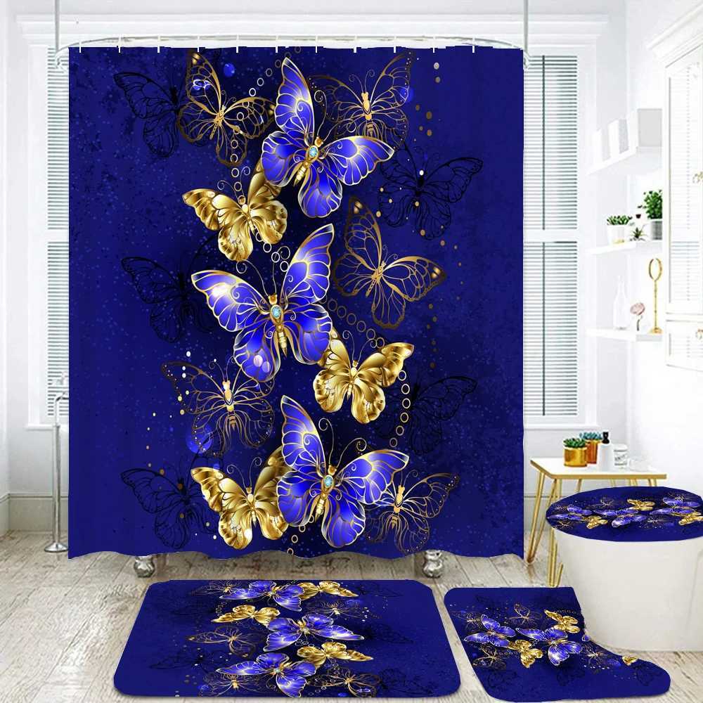 Waterproof Shower Curtain Sets with Rugs Golden Butterfly Print Bath Rug and Mats with Hooks Toilet Seat Cover Bathroom DecorT250306