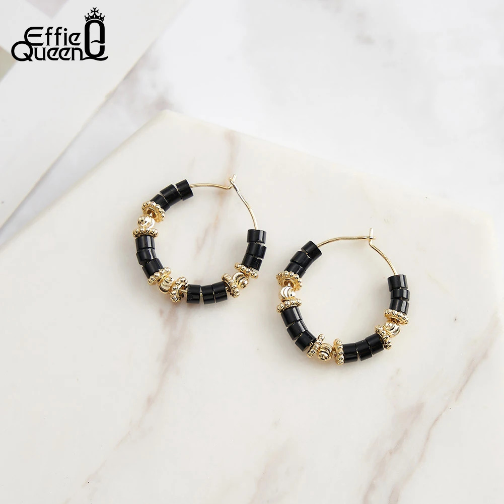 Effie Queen Exquisite 925 Sterling Silver Hoop Earrings With Black Obsidian Round Style Natural Stone Series Party Present GME42 250303