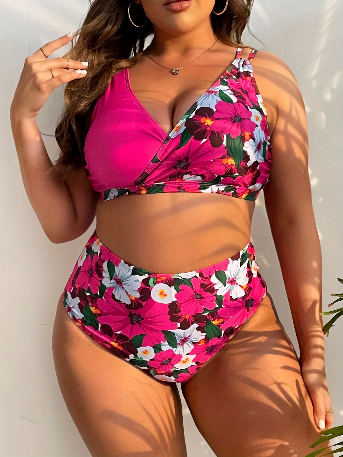 New Plus Size Digital Print Gathers Fashion able Womens Split Bikini Swimsuit