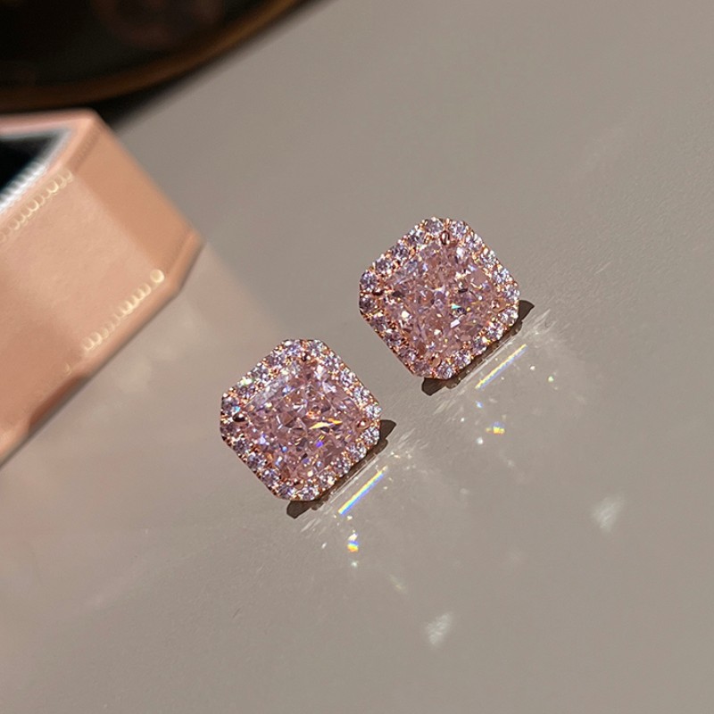 Sparkling Luxury Wedding Jewelry Sets 925 Sterling Silver Rose Gold Fill Princess Cut Pink 5A Cubic Zircon CZ Diamond Stud Earrings Open Ring Clavicle