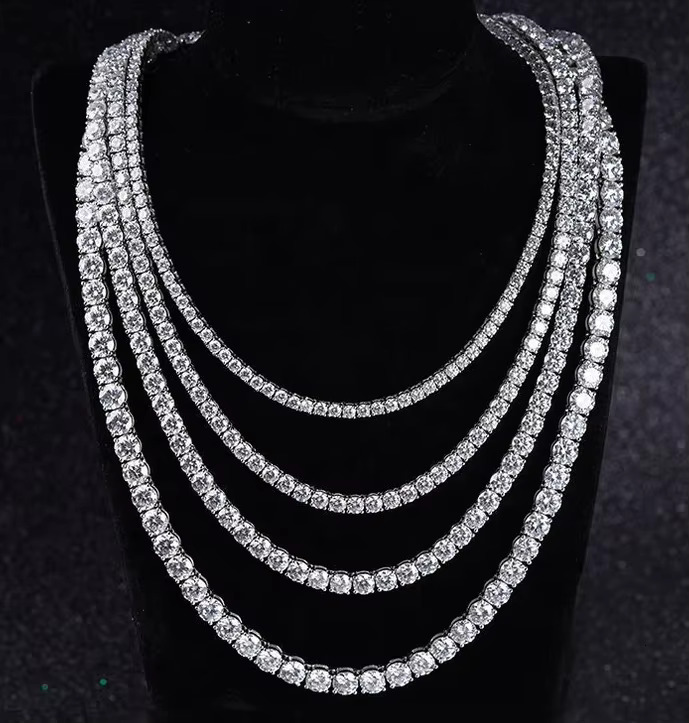 Bling Sparking Gold Plated Tennis Chain Charm Necklace Jewelry Sexy Iced Out VVS Moissanite Diamond 925 Silver Tennis Chain