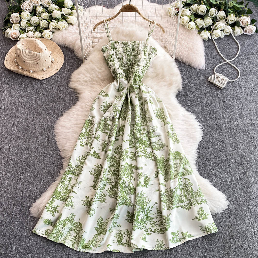 2025 New Chiffon Printed Designer Dress With Backless Vest Suitable For Women's Elastic Waist Slimming Outdoor Leisure Beach Vacation Mid Length 