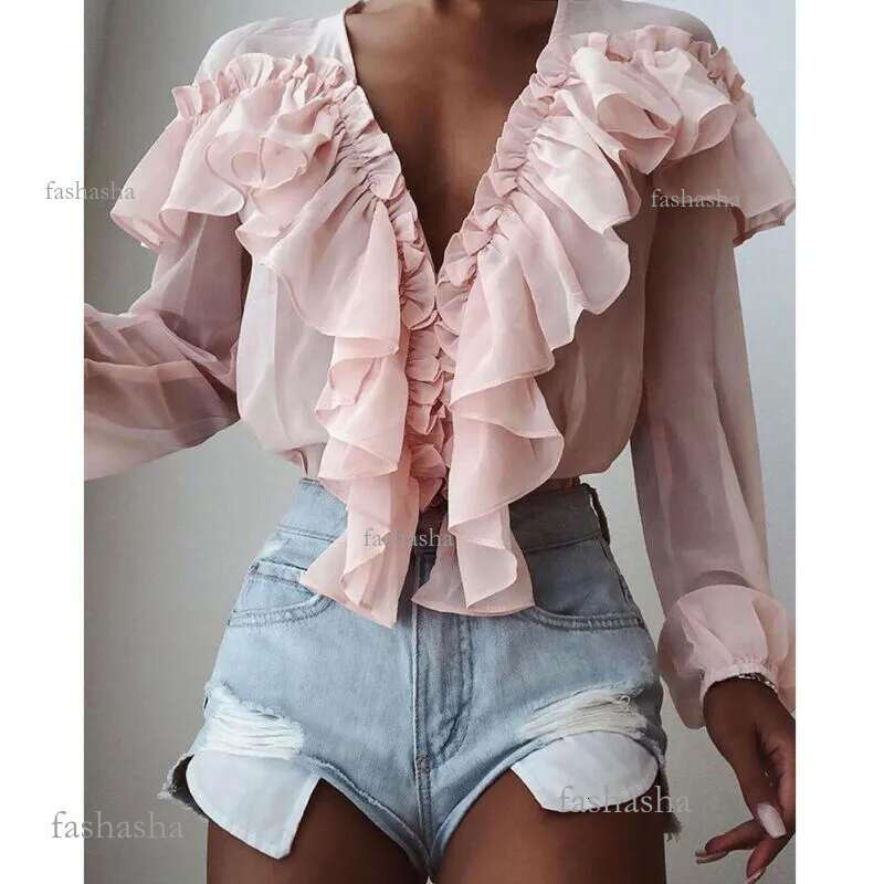 Womens Tops And Blouses Chiffon Solid Color V-Neck Ruffle Blouse Elegant Long Sleeve Shirt Ladies Dames Sweetwear Blusa