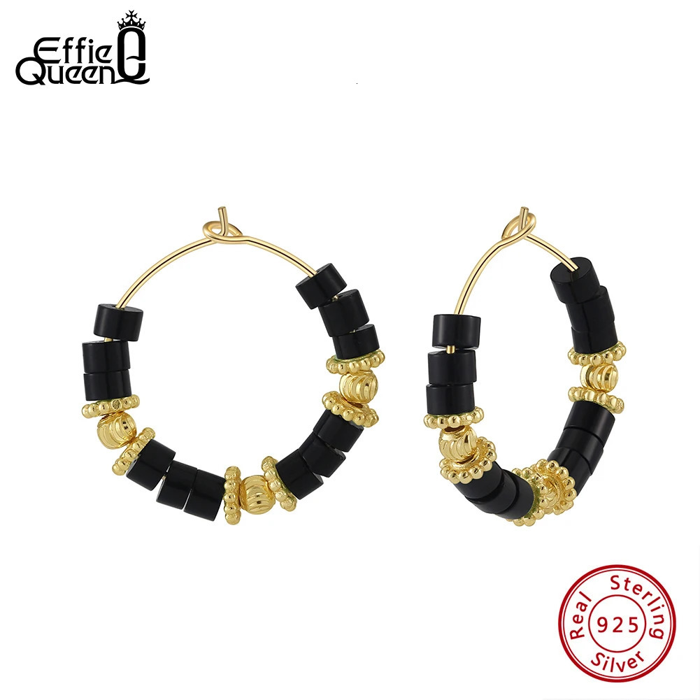 Effie Queen Exquisite 925 Sterling Silver Hoop Earrings With Black Obsidian Round Style Natural Stone Series Party Present GME42 250303