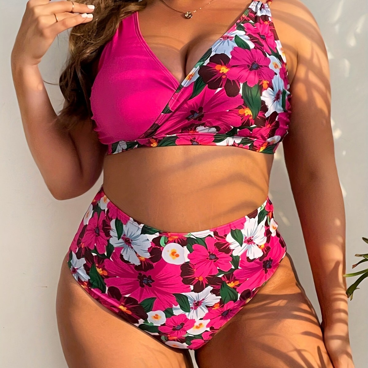 New Plus Size Digital Print Gathers Fashion able Womens Split Bikini Swimsuit
