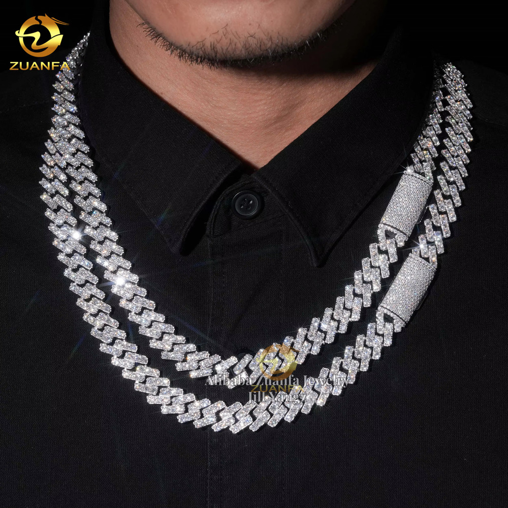 Ready to Ship Big Stone One Row 13mm Moissanite Cuban Link Chain Rapper Prong Chain Prong Hip Hop Necklace Rapper
