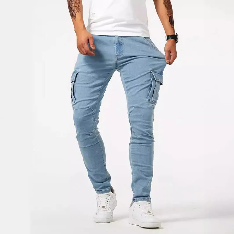 Street Elastic Jeans Pencil Pants Mens Denim Cargo Pants Solid Color Multi Pockets Casual Trousers Slim Fit Wear Joggers 250305