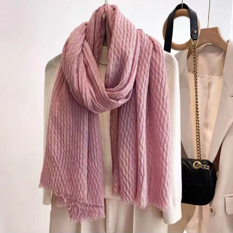 T245 autumn and winter new pleated scarf for women, simple and versatile, solid color, rough edge style, winter neck protection and warmth