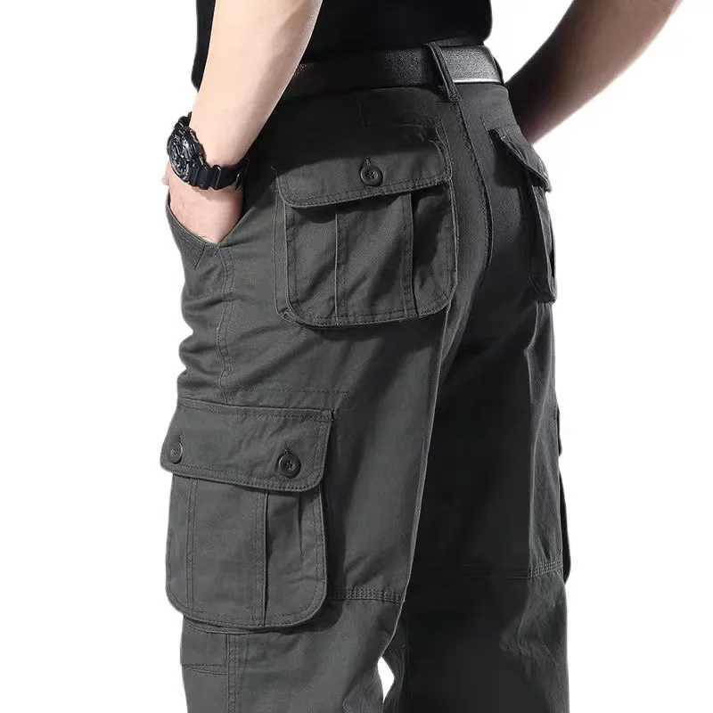 Mens Casual Cotton Cargo Pants Elastic Waist Plus Size Loose Fit Multi-Pocket Construction Work PantsT250308