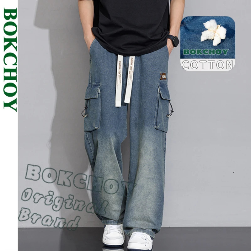 Spring Summer Casual Cargo Washed Cotton Straight Jeans for Men Clothing Big Pockets Drawstring Men Pants YBJYF-2565 250306
