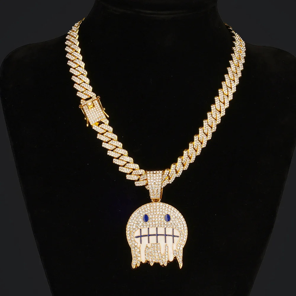 Men White Blue Cubic Zirconia Paved Hip Hop Round Face Pendants Necklaces with Cuban Chain Iced Out Bling CZ Fashion Boy Jewelry 250227