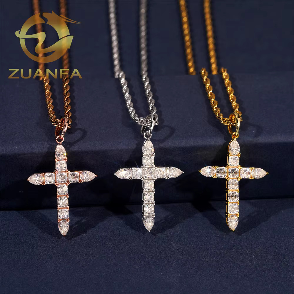 Trendy Hip Hop Jewelry Asscher Cut Moissanite Cross Pendanticed Iced Out Pendant Silver 925 Moissanite Charm Cross Pendant