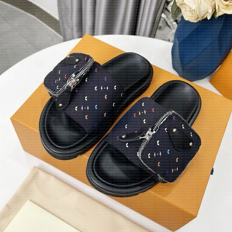 Fashion Designer Unisex Men's Women's Sandals Fluffy Flat Beach Slides with Zipper Pocket Comfy Shoes 30264