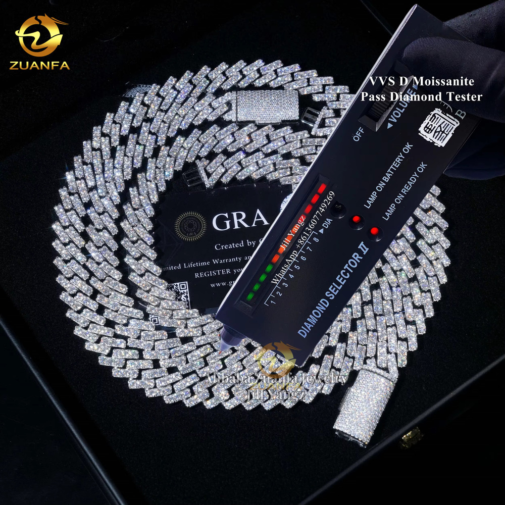 Ready to Ship Big Stone One Row 13mm Moissanite Cuban Link Chain Rapper Prong Chain Prong Hip Hop Necklace Rapper