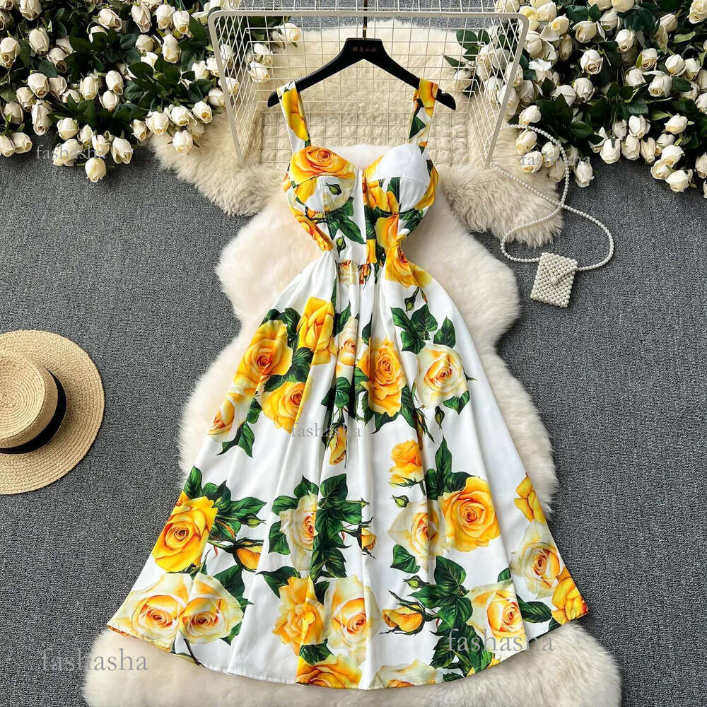 2024 Casual Dresses Summer Runway Beach Spaghetti Strap Dress Womens V-Neck Sleeveless Cup Padded Flower Print Holiday Party Vestidos