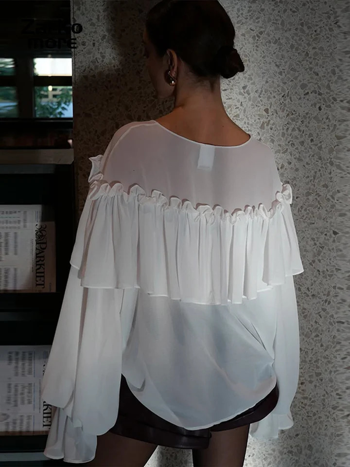 Womens Chiffon Ruffle Shirts White Loose V-neck Lantern Sleeve See Through Blouses Spring Summer Lady Commute Outwears 250306