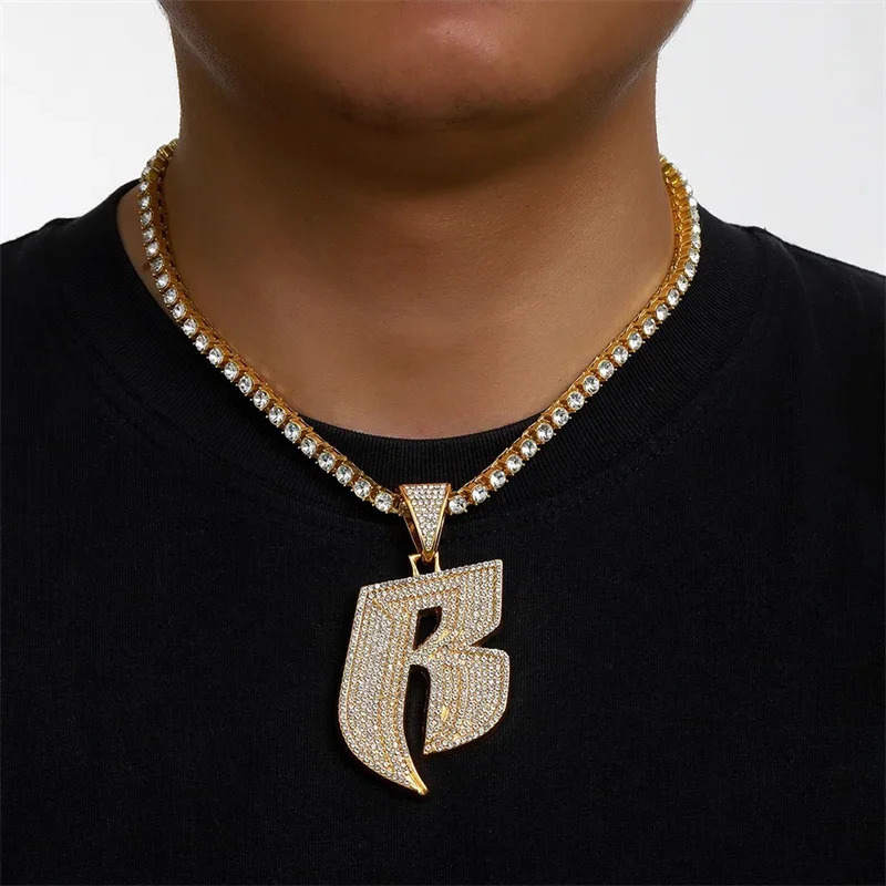 Hip Hop Letter R Pendant Necklace With 13mm Width Miami Cuban Chain Choker Fit Men Women Ruff Ryders Jewelry 250227