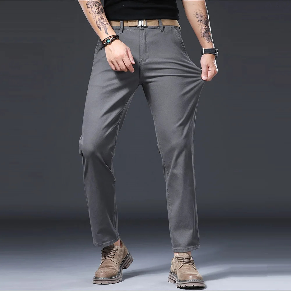 in Quality Mens Pants Casual Straight Cotton Stretch Chino Trouser Male Classic Golf Slacks Formal Business Work Wear Khaki 250305Z