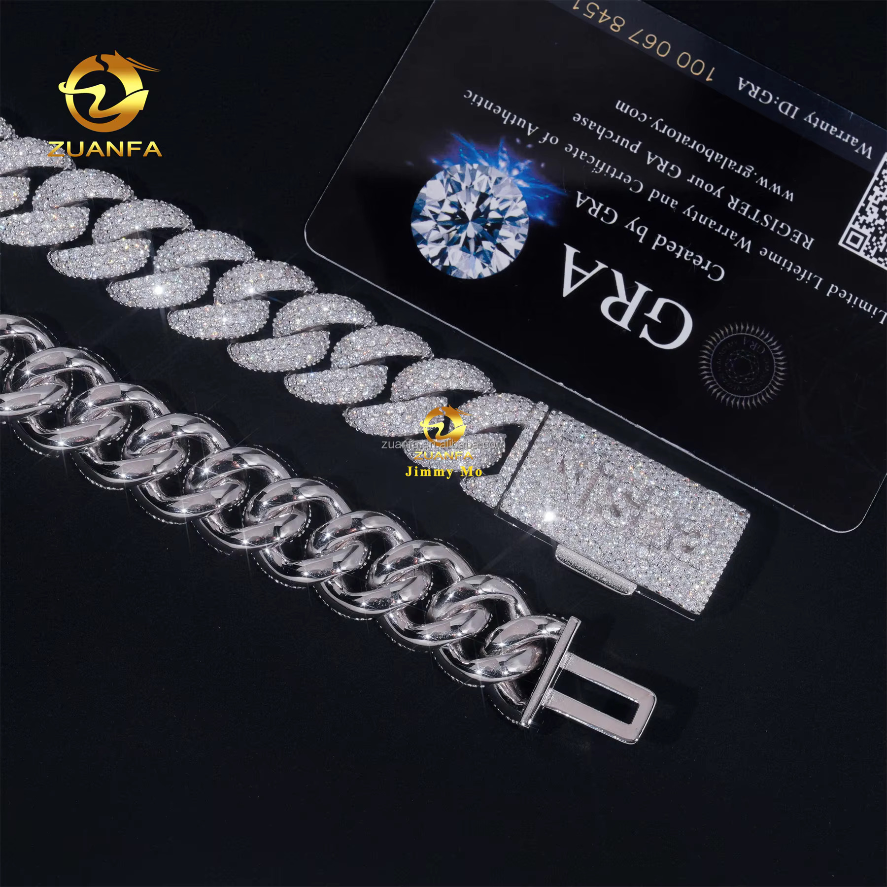 Custom Name Lock 15mm Prong Setting GRA 925 Silver Rhodium Plated Iced Out Hip Hop Moissanite Diamond Miami Cuban Link Chain