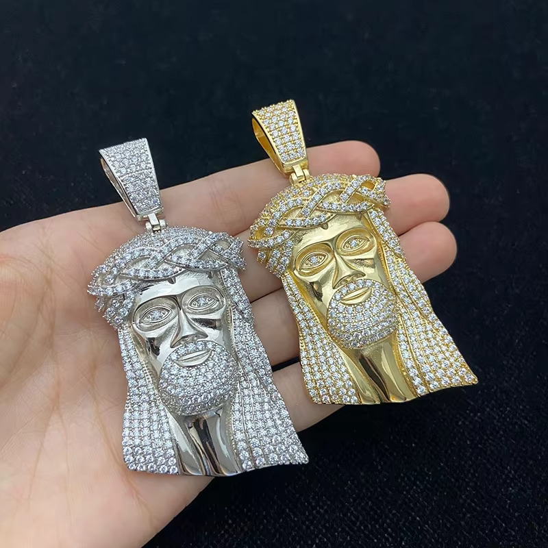 Large Size Micro Pave Solid Back Gold Hip Hop Iced Out Jesus Pendant