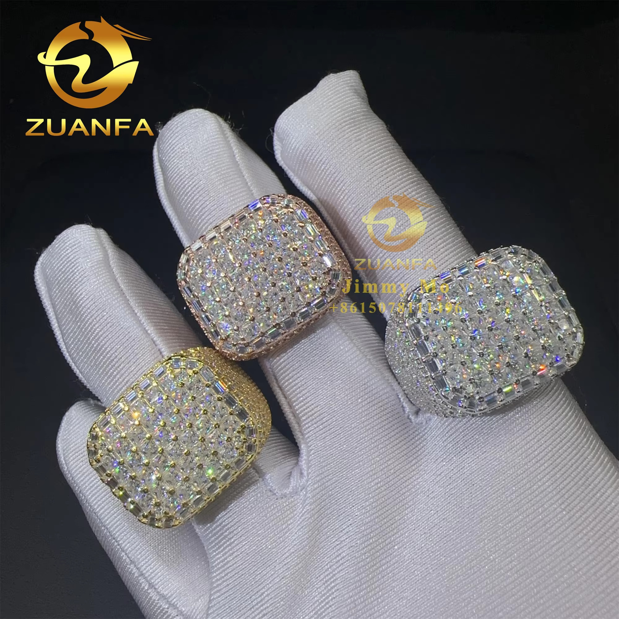 Drop Shipping Fashion Style GRA Certificate Iced Out Hip Hop Vvs Baguette Moissanite Diamond 925 Sterling Silver Ring Men