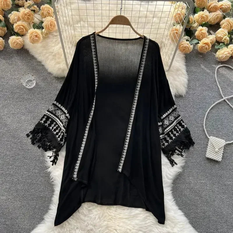 Summer Bohemian Cover Up Poncho Women Pareo Beach Kimono Long Fashion Embroidery Cardigan Tassel Chiffon Shirt ED1881 250305