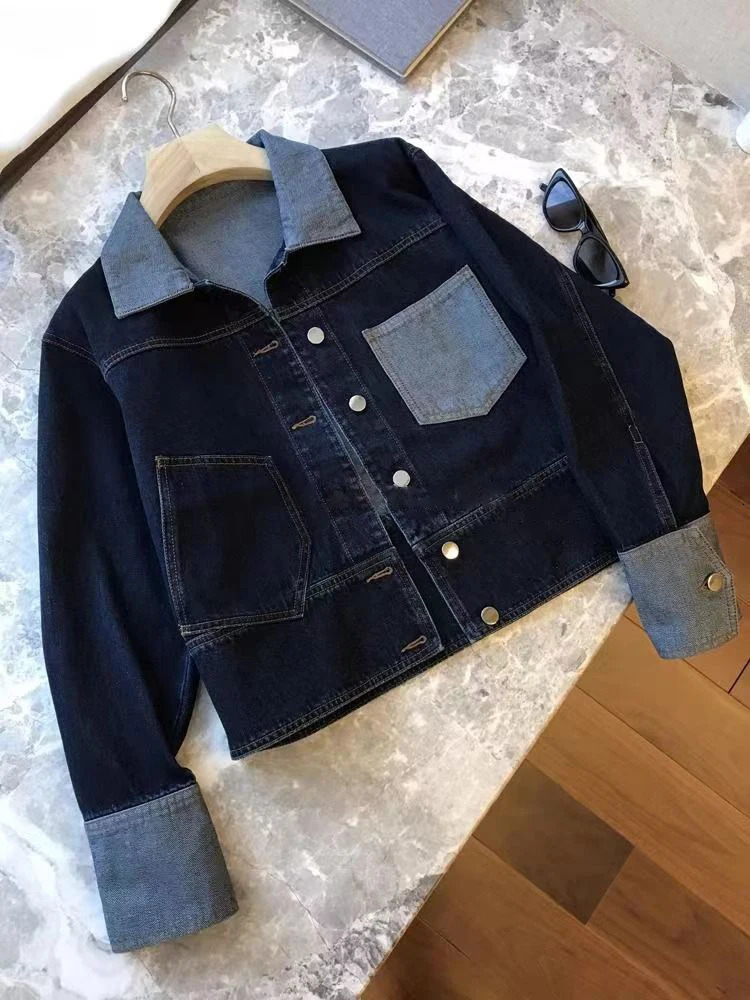 Retro Contrasting Color Laple Denim Jacket for Women 2024 Autumn Loose Singlebreasted Coats Casual Versatile Short Top 250226