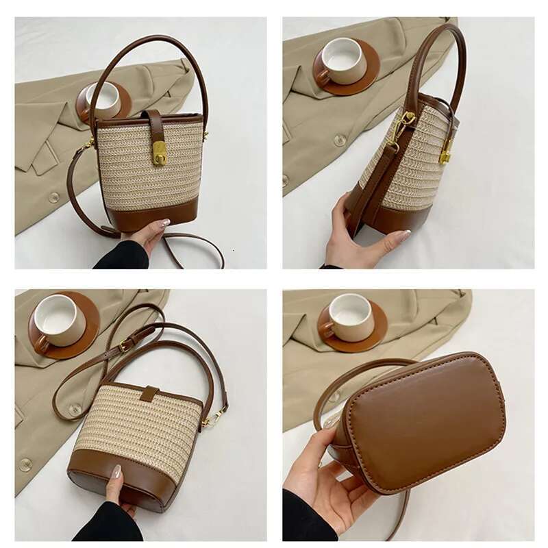 Womens Fashion Trends Straw Bucket Bag Female Summer Handmade Woven Shoulder Ladies Shopping Purse New Beach Bags Handbags