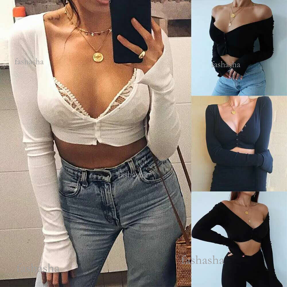 New Style Women T-Shirts Summer Beach Long Sleeved Button Long Sleeve Party Deep V Neck Top Skinny Casual Fashion