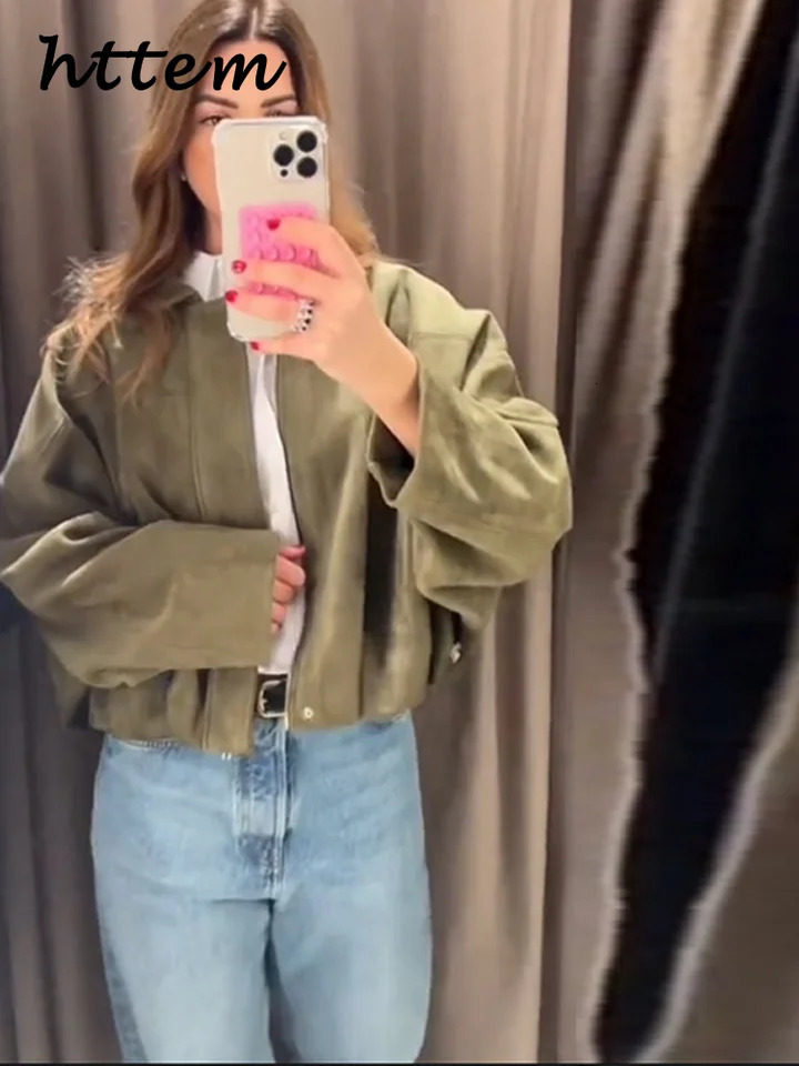 Street Womens Suede Bomber Jacket Fashion Lapel Zipper Full Sleeve Female Coats Spring Lady Casual Commute Vintage Outwear 250306