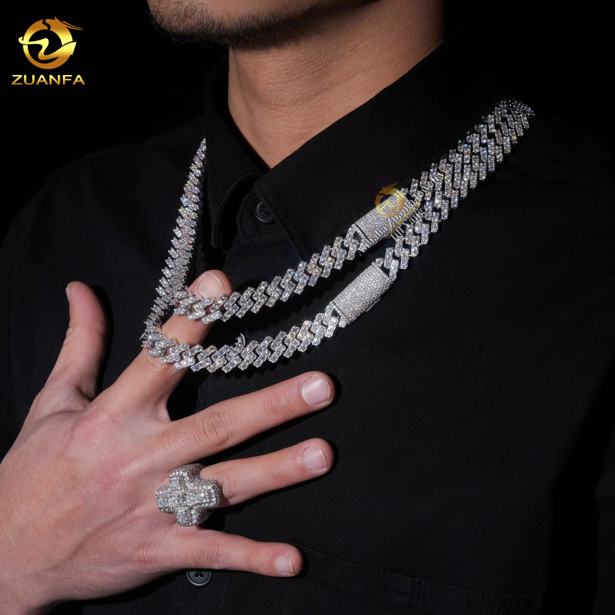 Ready to Ship Big Stone One Row 13mm Moissanite Cuban Link Chain Rapper Prong Chain Prong Hip Hop Necklace Rapper