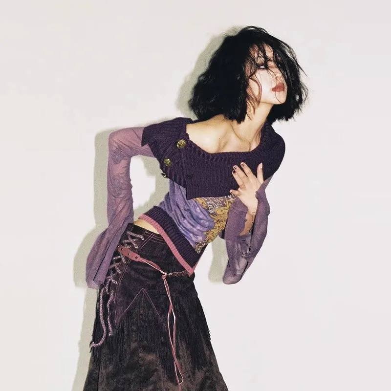 Karrcat Japanese Y2k Off Shoulder Top Grunge Aesthetics Knitted Mesh Top Vintage Trashy 2000s Flare Sleeve Purple T Shirt Gothic250304