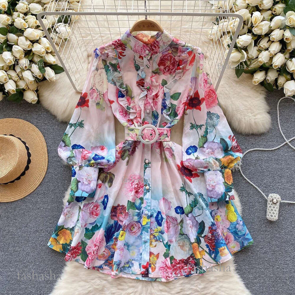 A Line Casual Dresses Clothing New Runway Holiday Flower Mini Dress New Womens Stand Collar Long Lantern Sleeve Floral Print Belt Sweet Vestidos