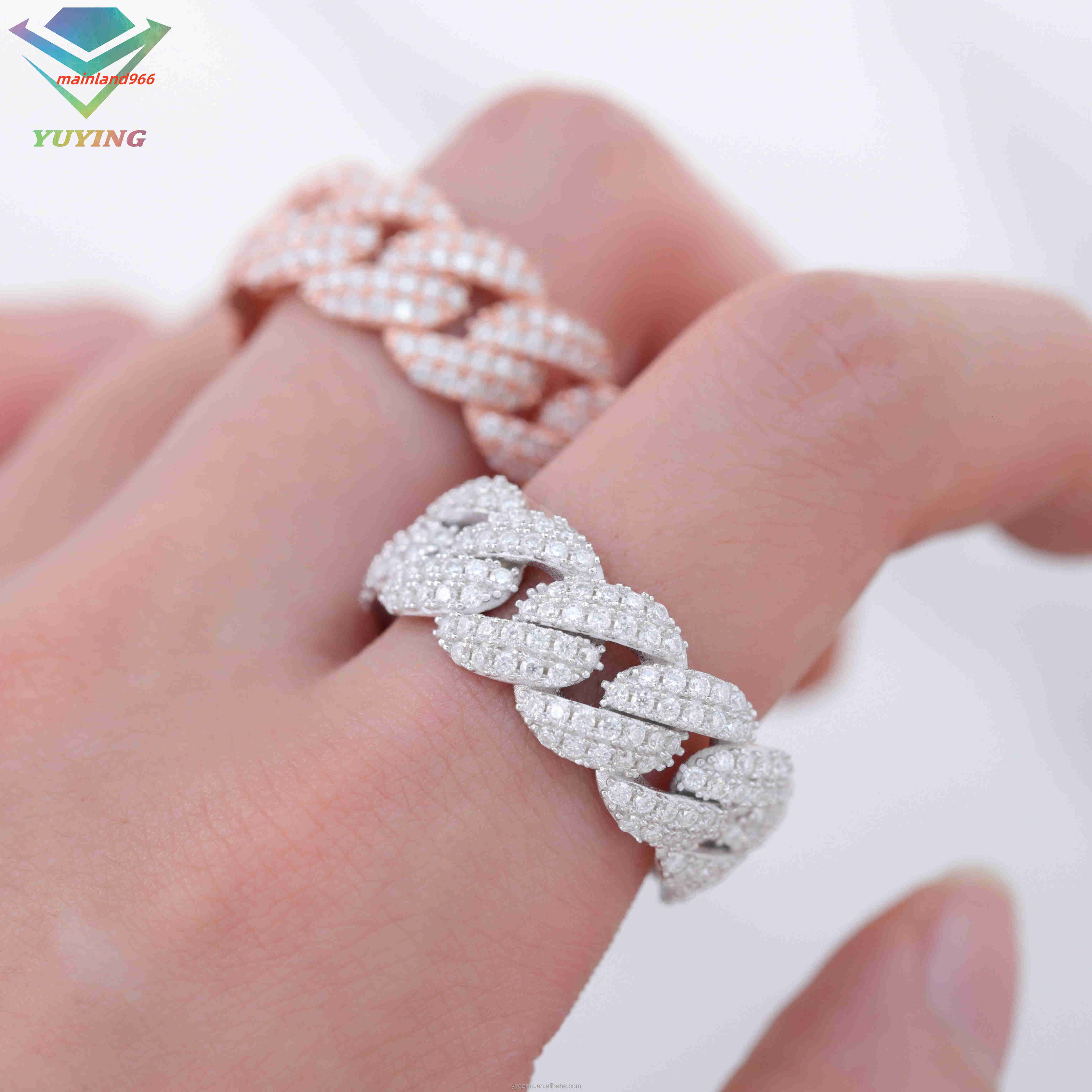 In Stock Iced Out Moissanite Ring Fashion Jewelry 925 Silver White Gold Plated Hip Hop Moissanite Diamond Cuban Ring for Men