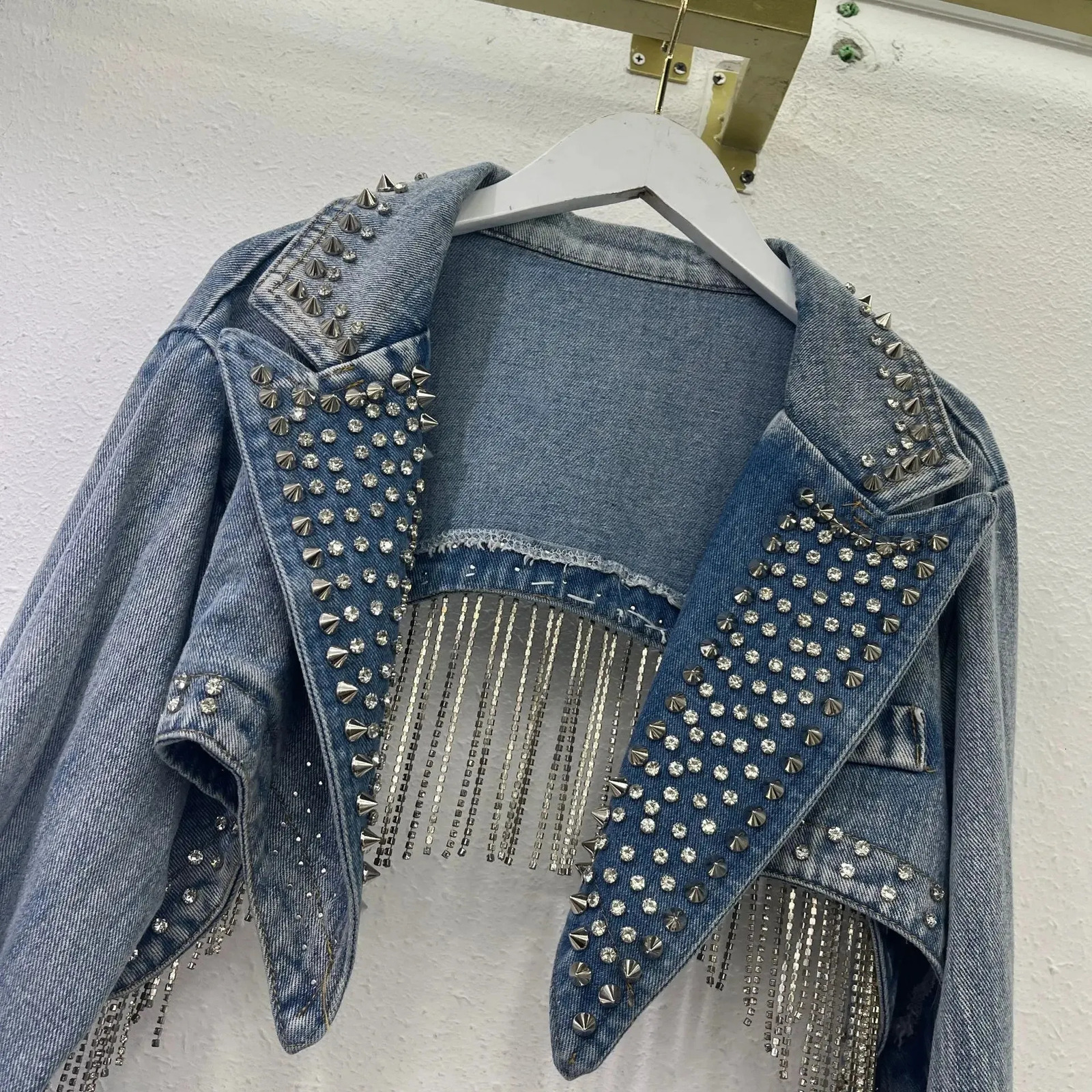 American style n emotional high waisted denim jacket retro cut ruffled edge decoration womens cardigan 250226