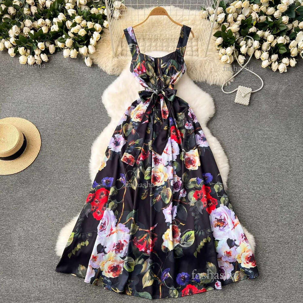 Basic Casual Dresses Summer Bohemian Spaghetti Strap Maxi Dress Womens Sleeveless Flower Print Cup Padded Belt Vacation Backless Long Vestidos
