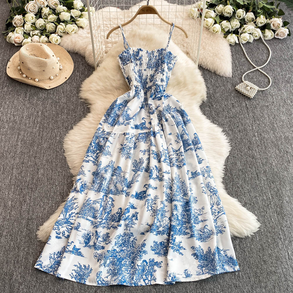 2025 New Chiffon Printed Designer Dress With Backless Vest Suitable For Women's Elastic Waist Slimming Outdoor Leisure Beach Vacation Mid Length 