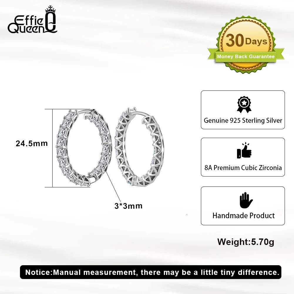 Effie Queen 925 Sterling Silver Hoop Earrings 8A Premium White Brilliant Cubic Zirconia Decor Minimalism Party Gift LZE14 250303