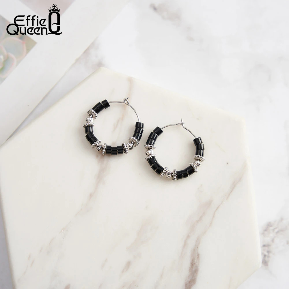 Effie Queen Exquisite 925 Sterling Silver Hoop Earrings With Black Obsidian Round Style Natural Stone Series Party Present GME42 250303