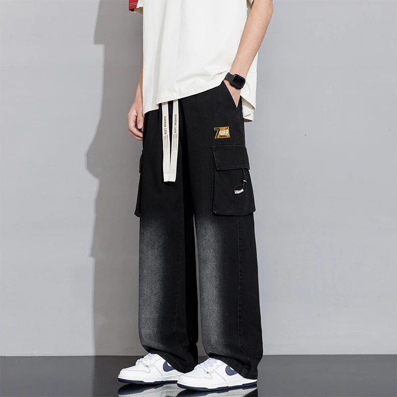 Spring Summer Casual Cargo Washed Cotton Straight Jeans for Men Clothing Big Pockets Drawstring Men Pants YBJYF-2565 250306